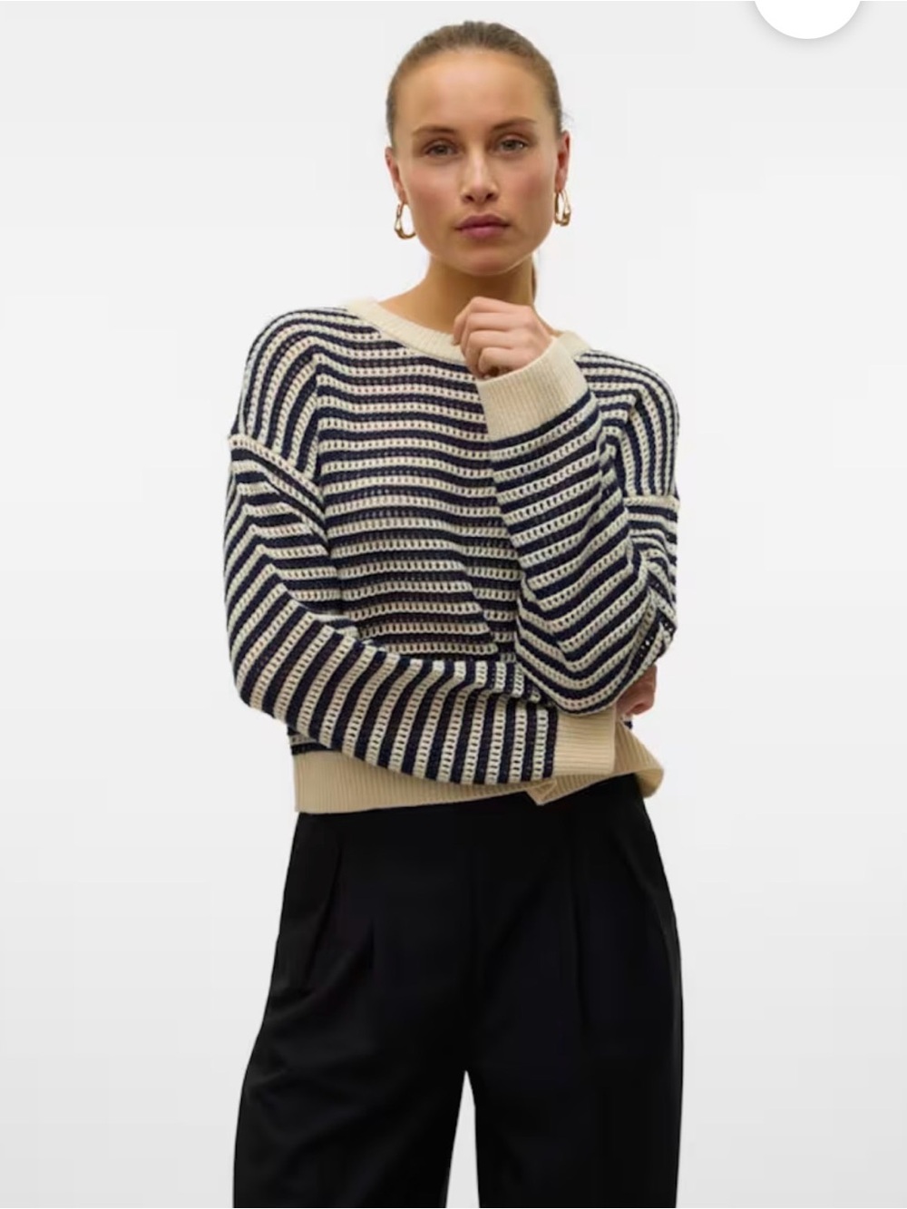VERO MODA Black & White Striped Crochet Open Knit Pullover Sweater Size